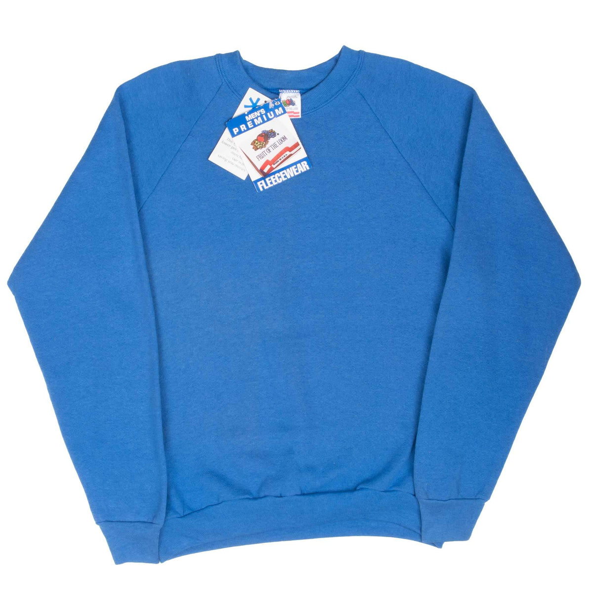 Front of blue Fruit of the Loom blank crewneck sweatshirt with raglan sleeves and tags