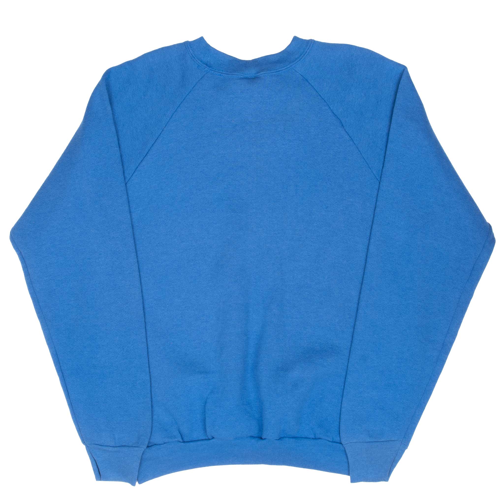 Back of blue Fruit of the Loom blank crewneck sweatshirt with raglan sleeves