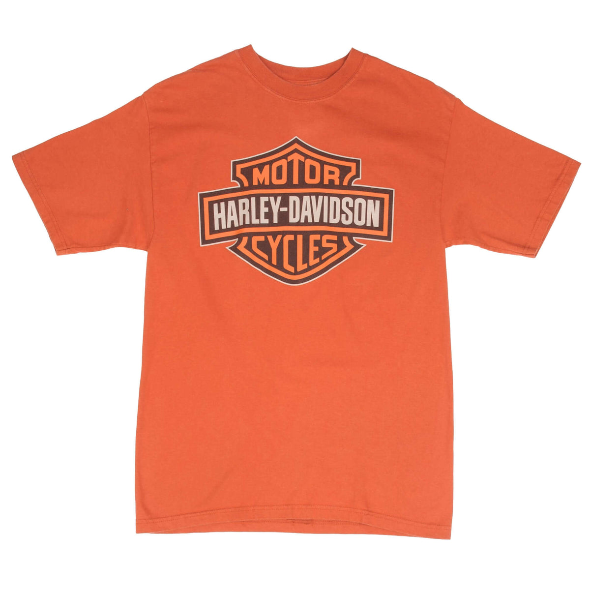 Front of orange Harley-Davidson T-shirt with Motor Cycles shield logo