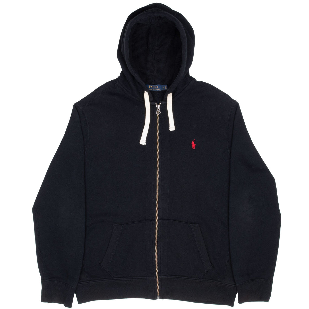 Full front view of black Polo Ralph Lauren zip hoodie with white drawstrings, pockets, and red pony logo