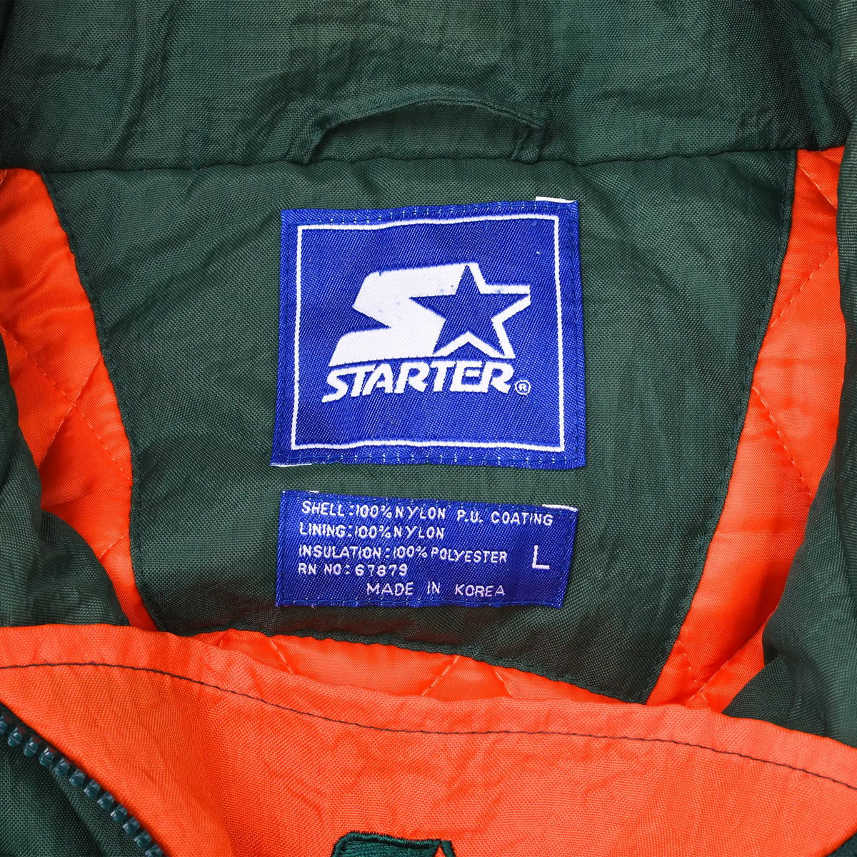 Starter brand and large size labels inside Miami Hurricanes jacket