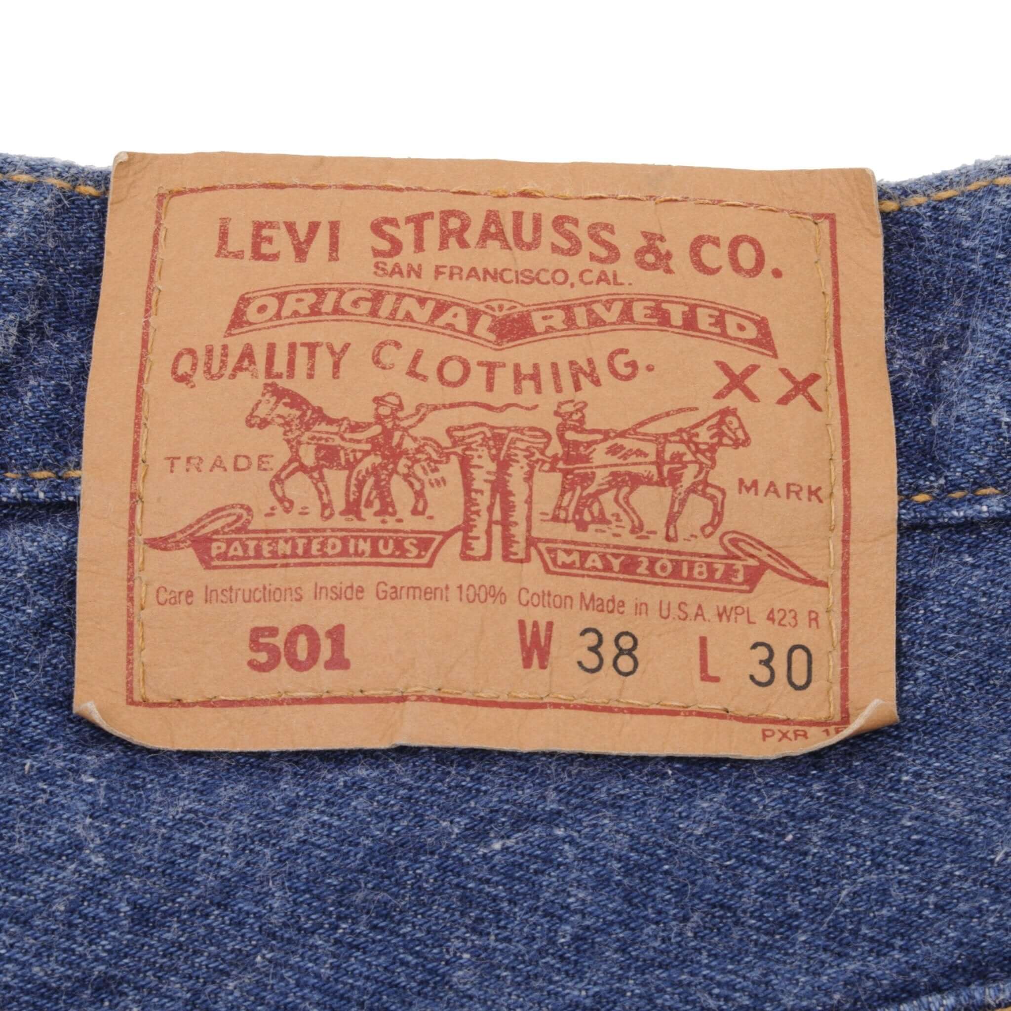 Beautiful Indigo Levis 501 Jeans 1980s Made in USA with Dark Wash Size on tag 38X30 Actual Size 36X29 Back Button #511 Not Original Hem