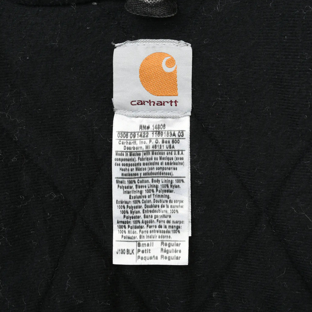 Carhartt interior care label showing J130 BLK style code