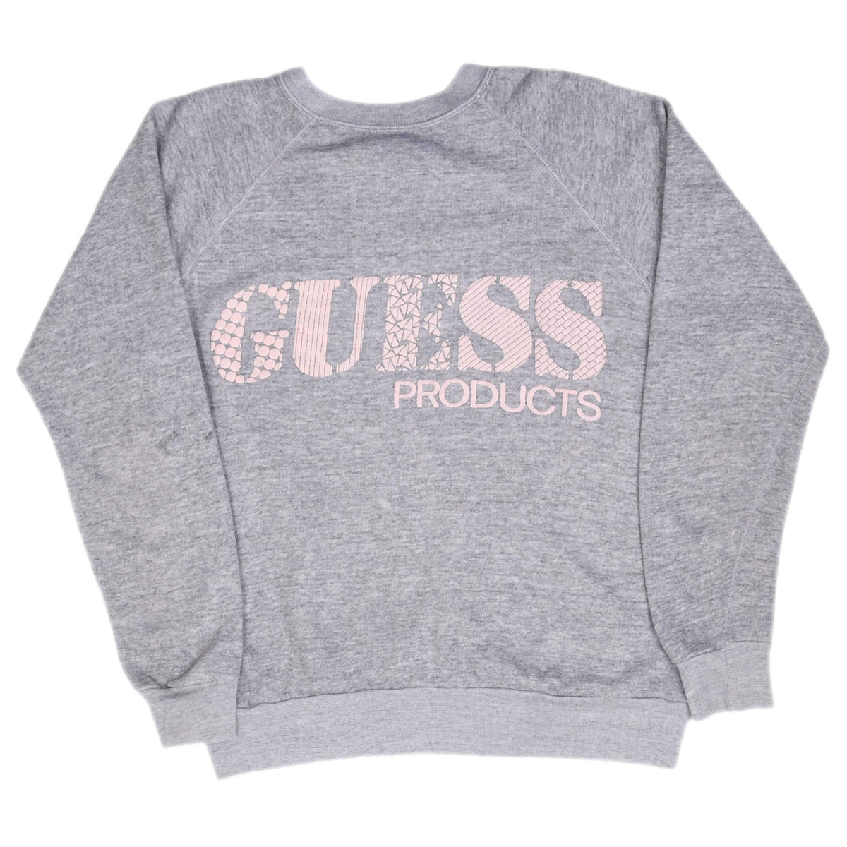 Full front of gray Guess Products sweatshirt with pale pink patterned chest logo