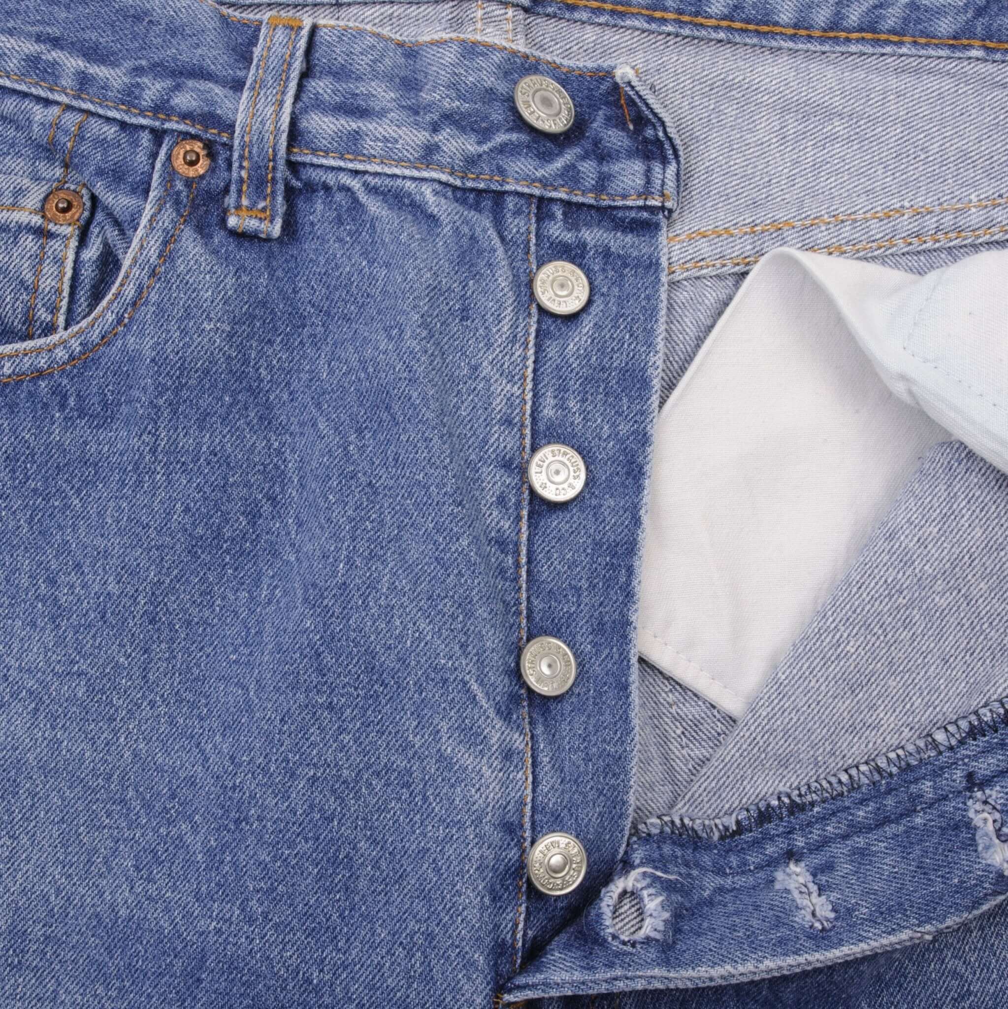 Beautiful Indigo Levis 501 Jeans 1980s Made in USA with Medium Light Wash Size on tag 34X32 Actual Size 32X32 Back Button #571