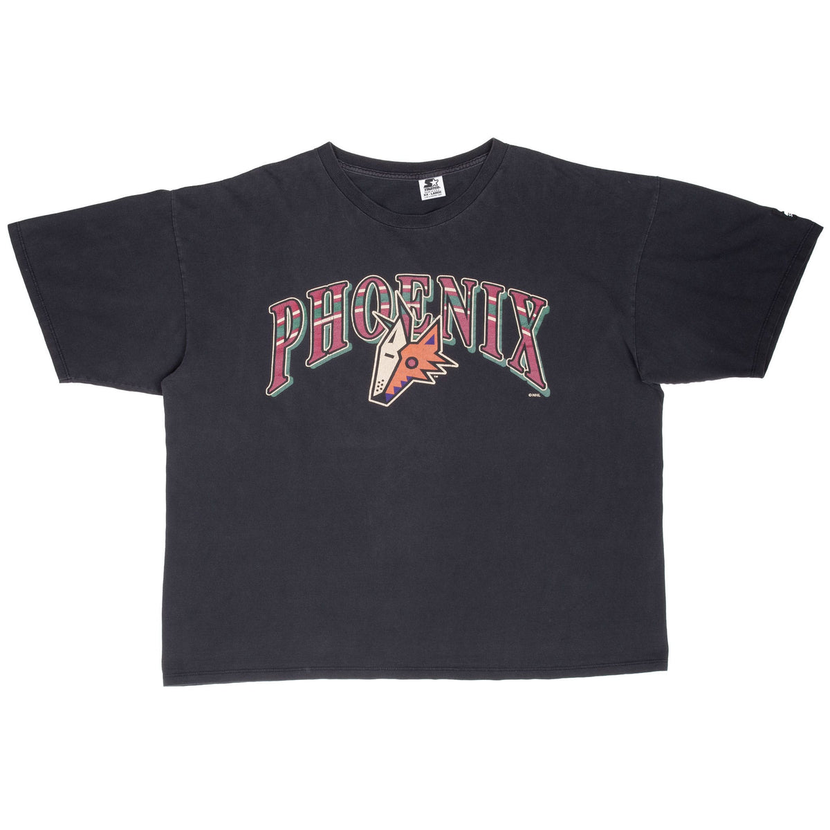 Full front view of black Phoenix Coyotes Starter T-shirt with multicolor NHL graphic