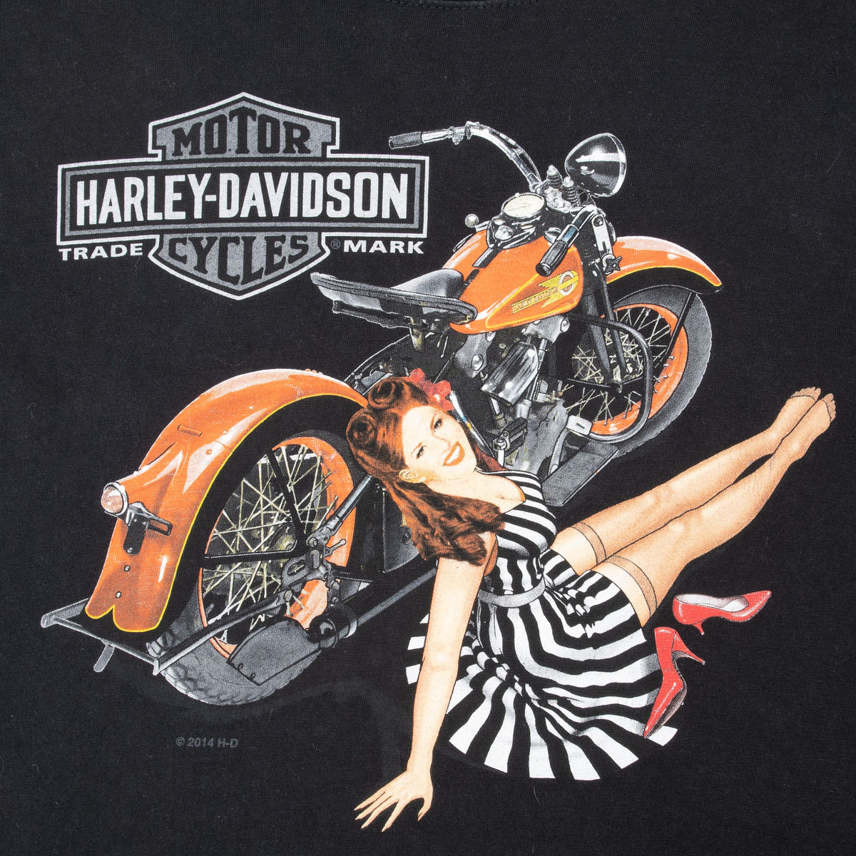 Close-up of Harley-Davidson orange motorcycle and pinup front graphic