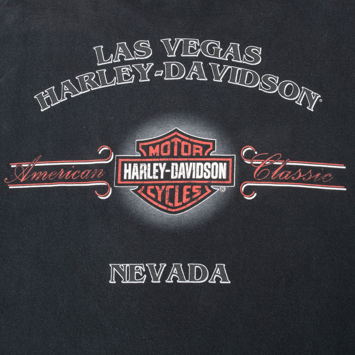 Back print detail with Las Vegas Harley-Davidson, American Classic logo, and Nevada text
