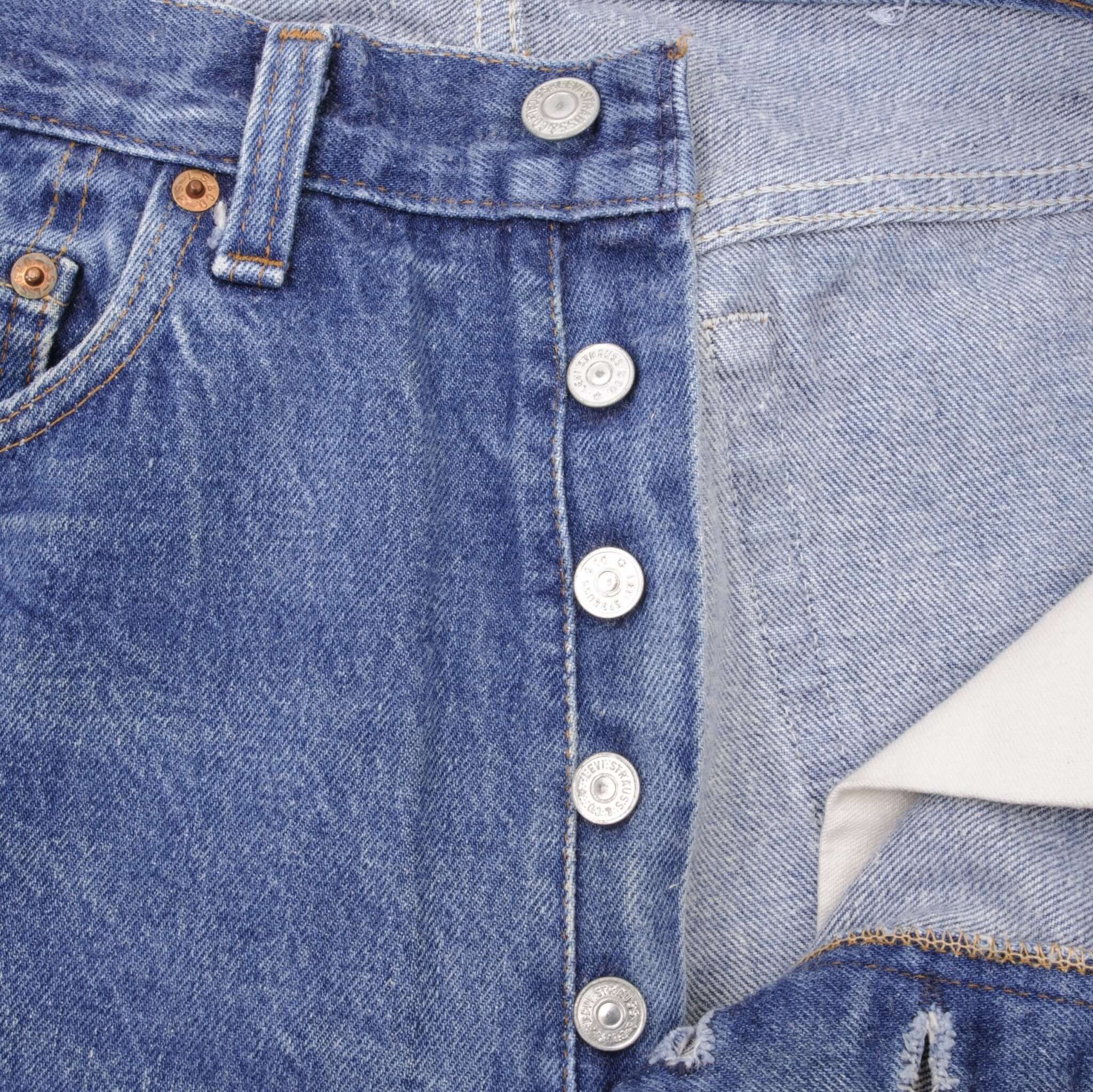 Beautiful Indigo Levis 501 Jeans 1980s Made in USA with Medium Wash Size on tag 34X34 Actual Size 33X31 Back Button #653