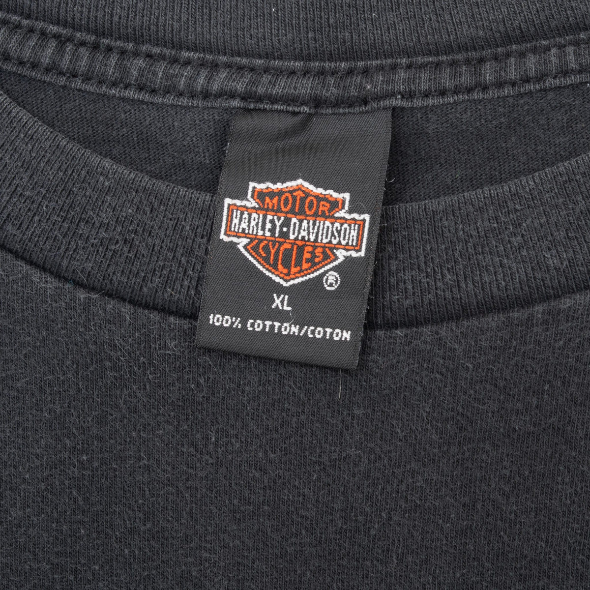 Harley-Davidson Motor Cycles neck tag marked XL and 100% cotton