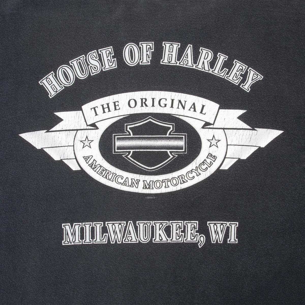 Close-up of House of Harley American Motorcycle Milwaukee, WI back print