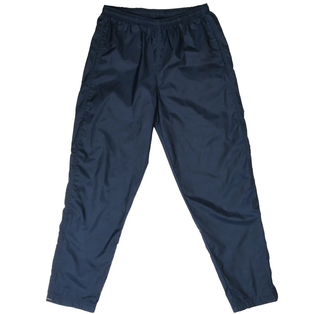 Front of navy blue Nike nylon track pants with elastic waist and cuffs