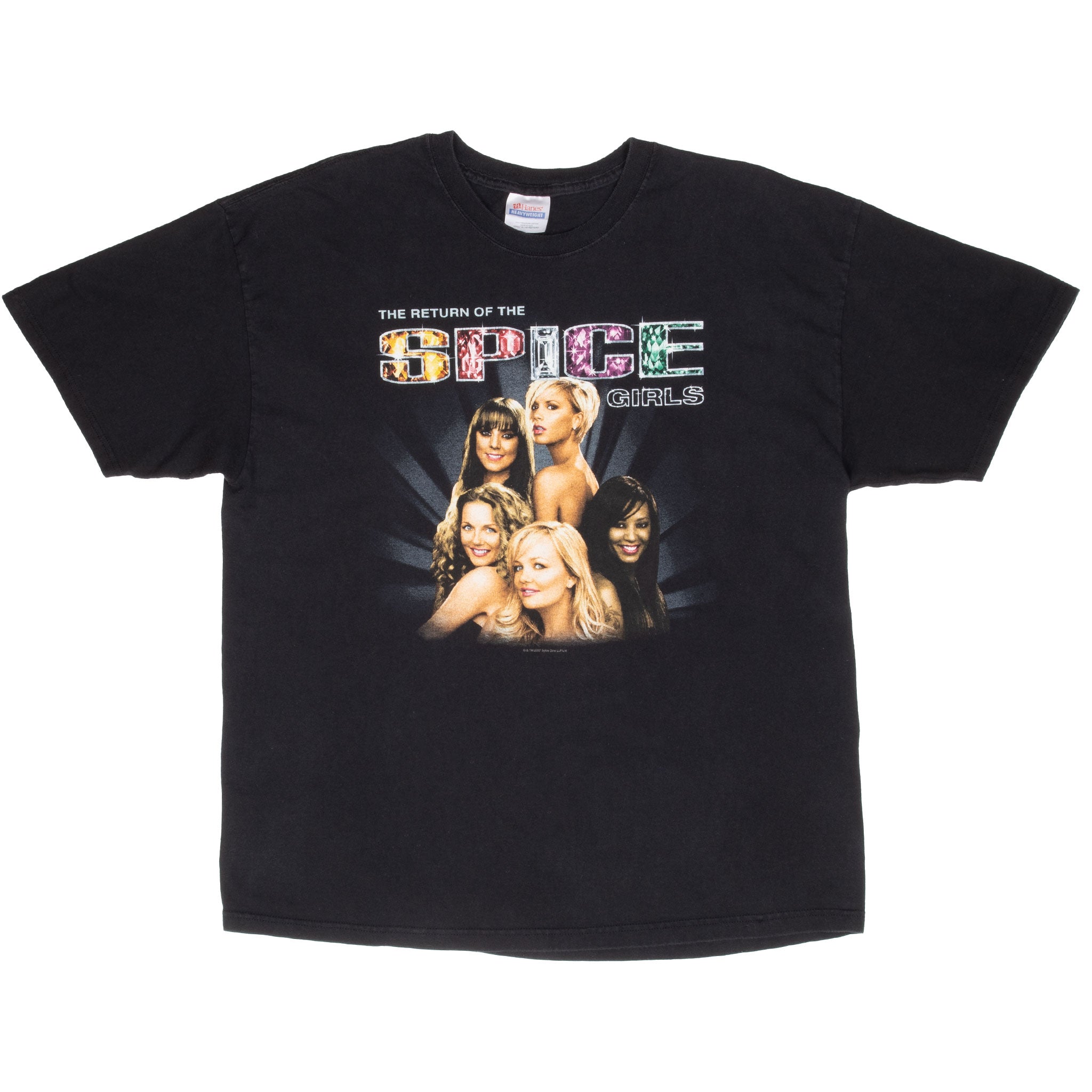 Front of black The Return of the Spice Girls tour T-shirt with group portrait graphic