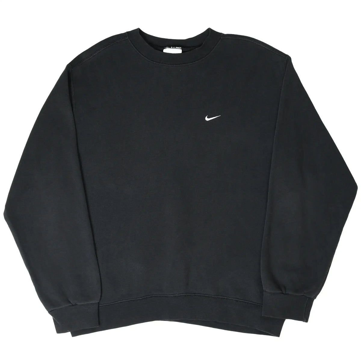 Full front view of black Nike sweatshirt with white Swoosh embroidery
