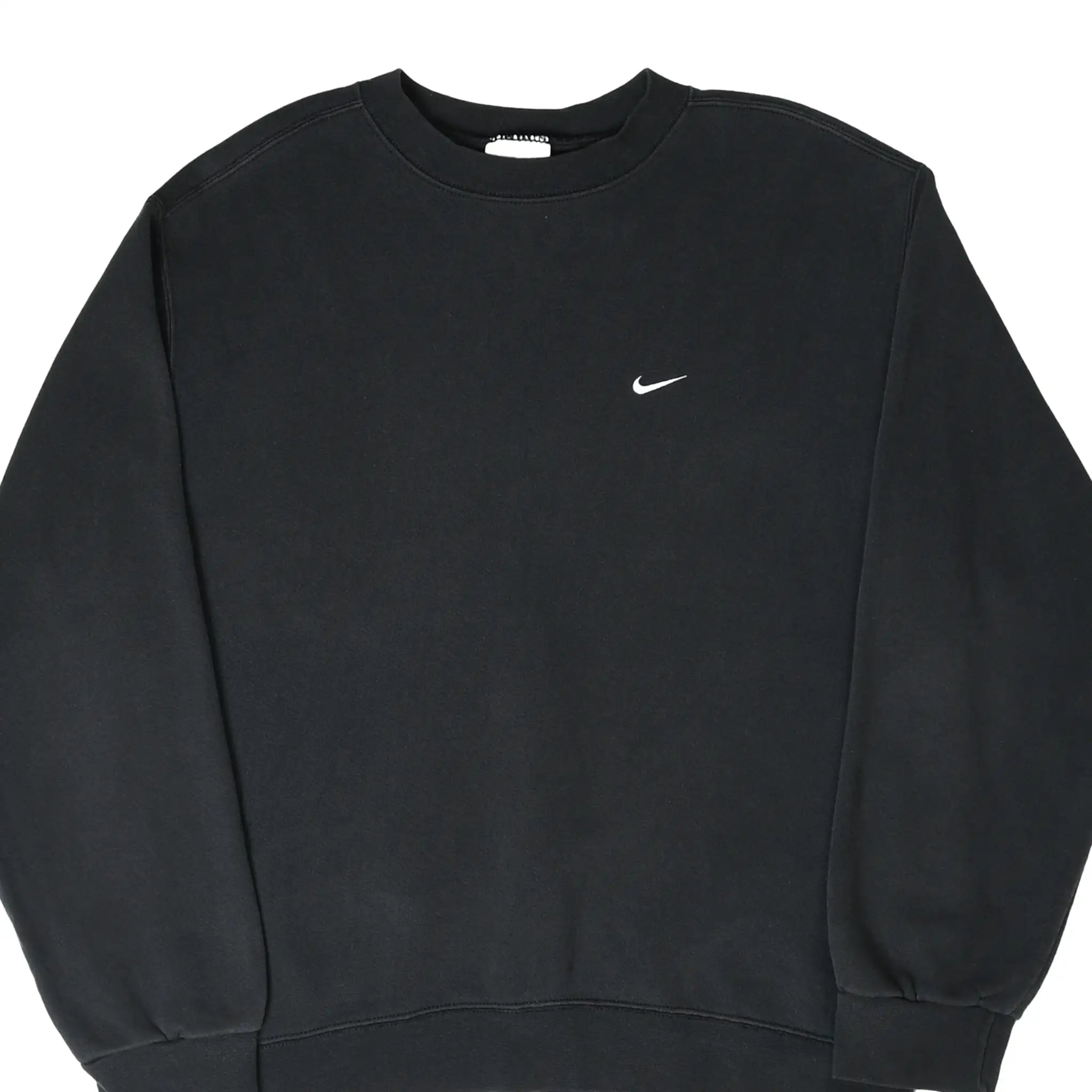 Front of black Nike crewneck sweatshirt with small white Swoosh embroidery