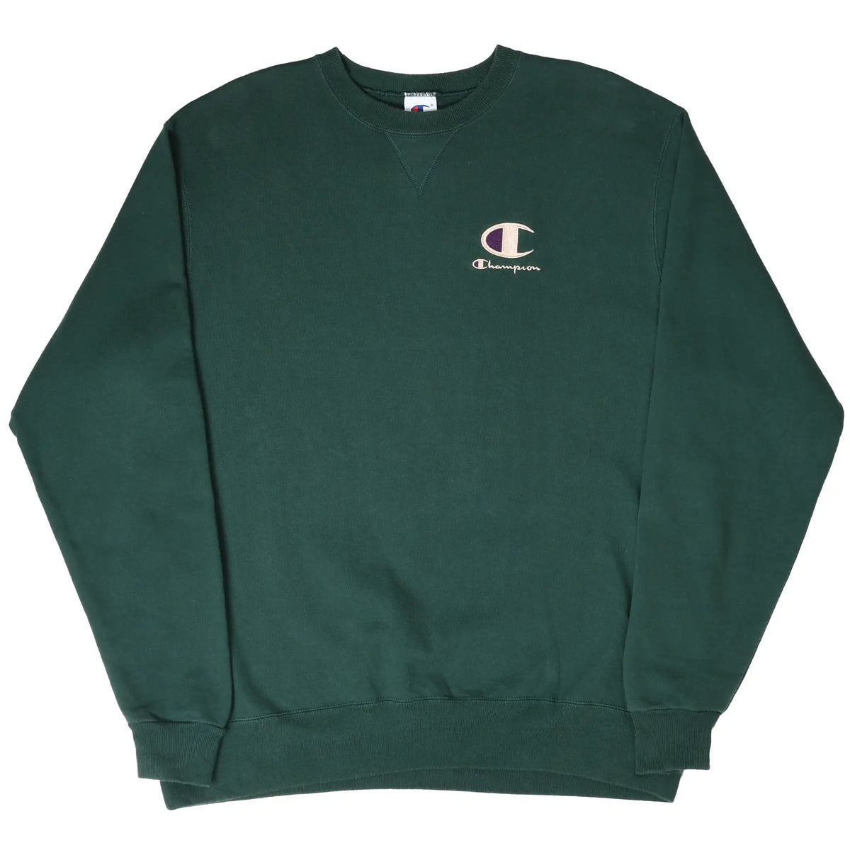 Full front of dark green Champion crewneck sweatshirt with embroidered chest logo