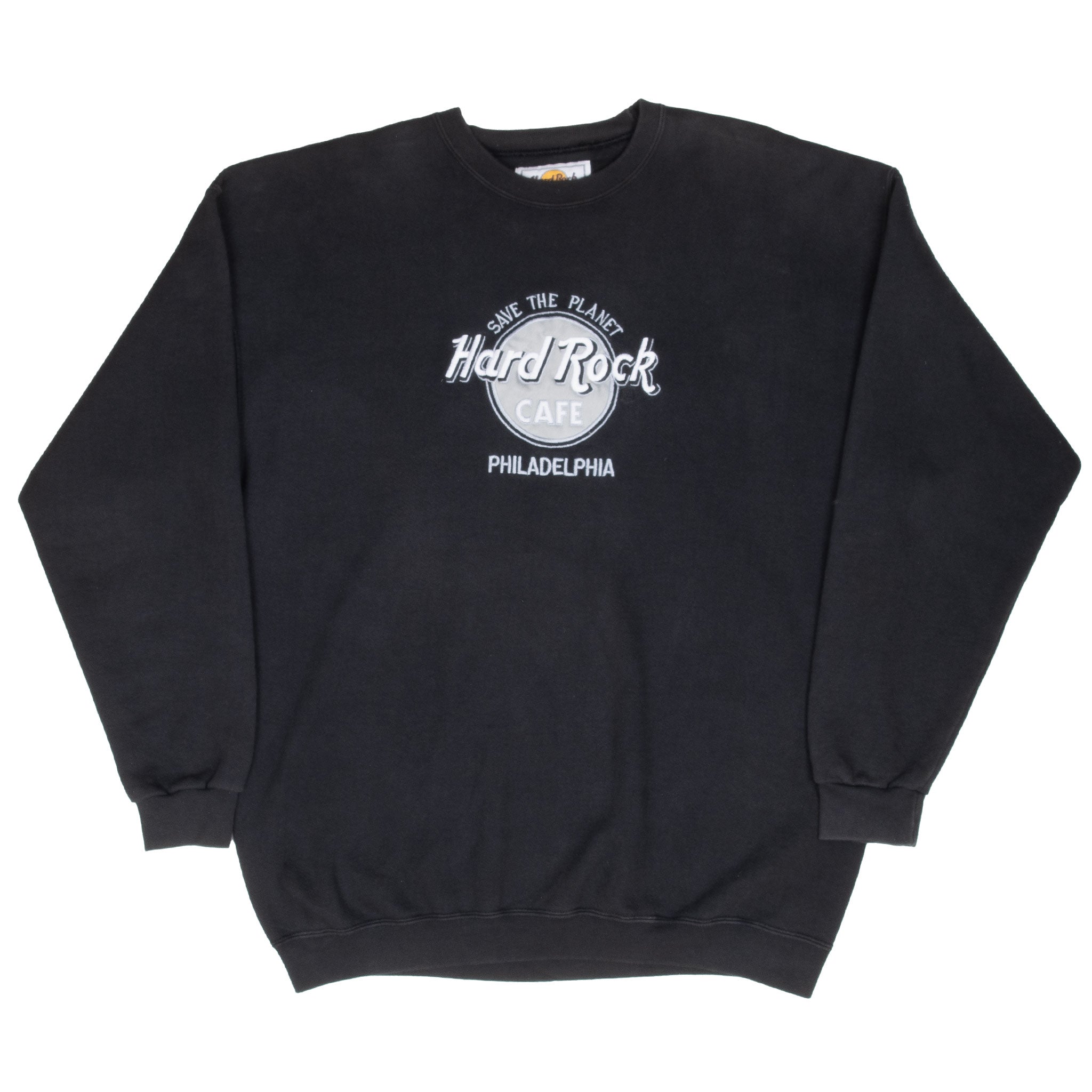 VINTAGE HARD ROCK CAFE PHILADELPHIA EMBROIDERED BLACK SWEATSHIRT 1990S XL MADE USA