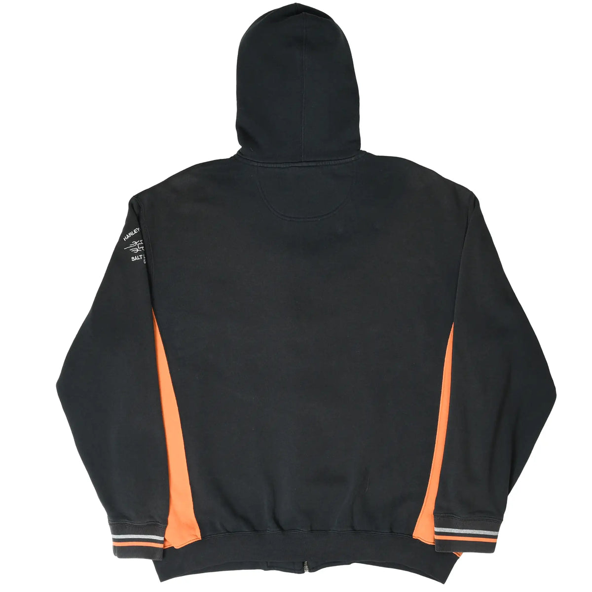 Back of black Harley-Davidson hoodie with orange side panels and striped cuffs