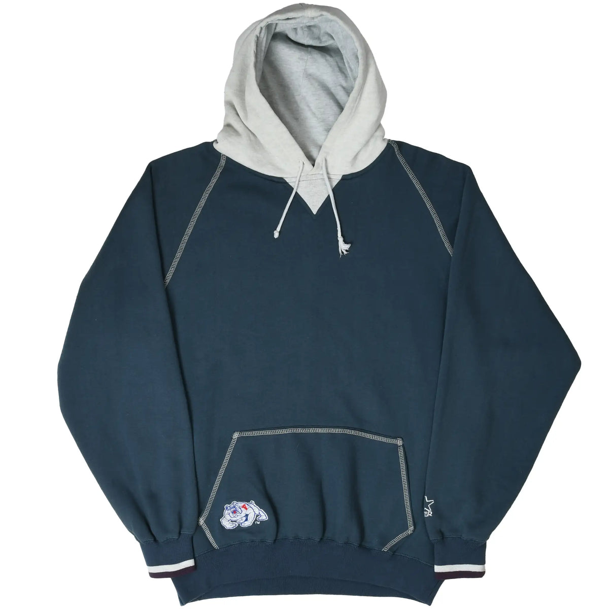 Front of navy Fresno State Bulldogs hoodie with gray hood, kangaroo pocket, and striped cuffs
