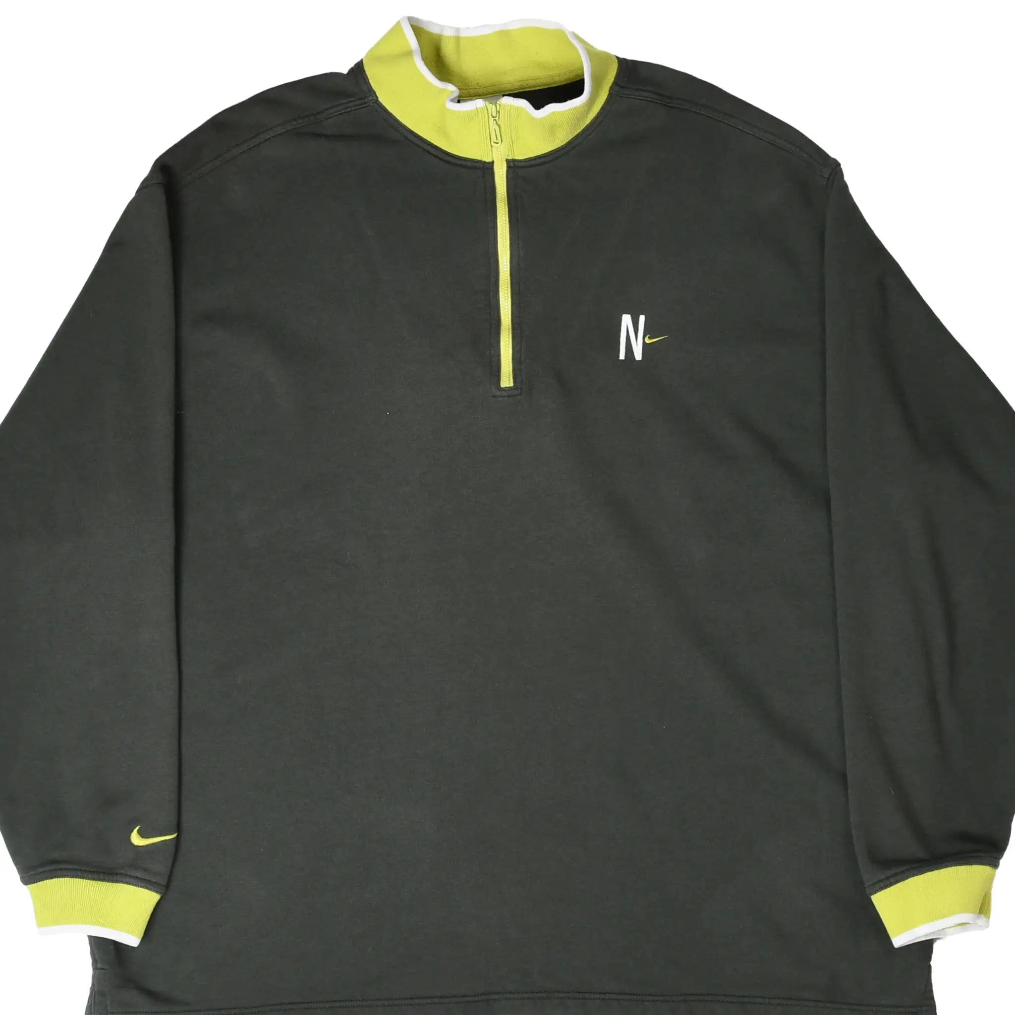 Front of dark green Nike quarter-zip sweatshirt with lime trim and embroidered chest logo