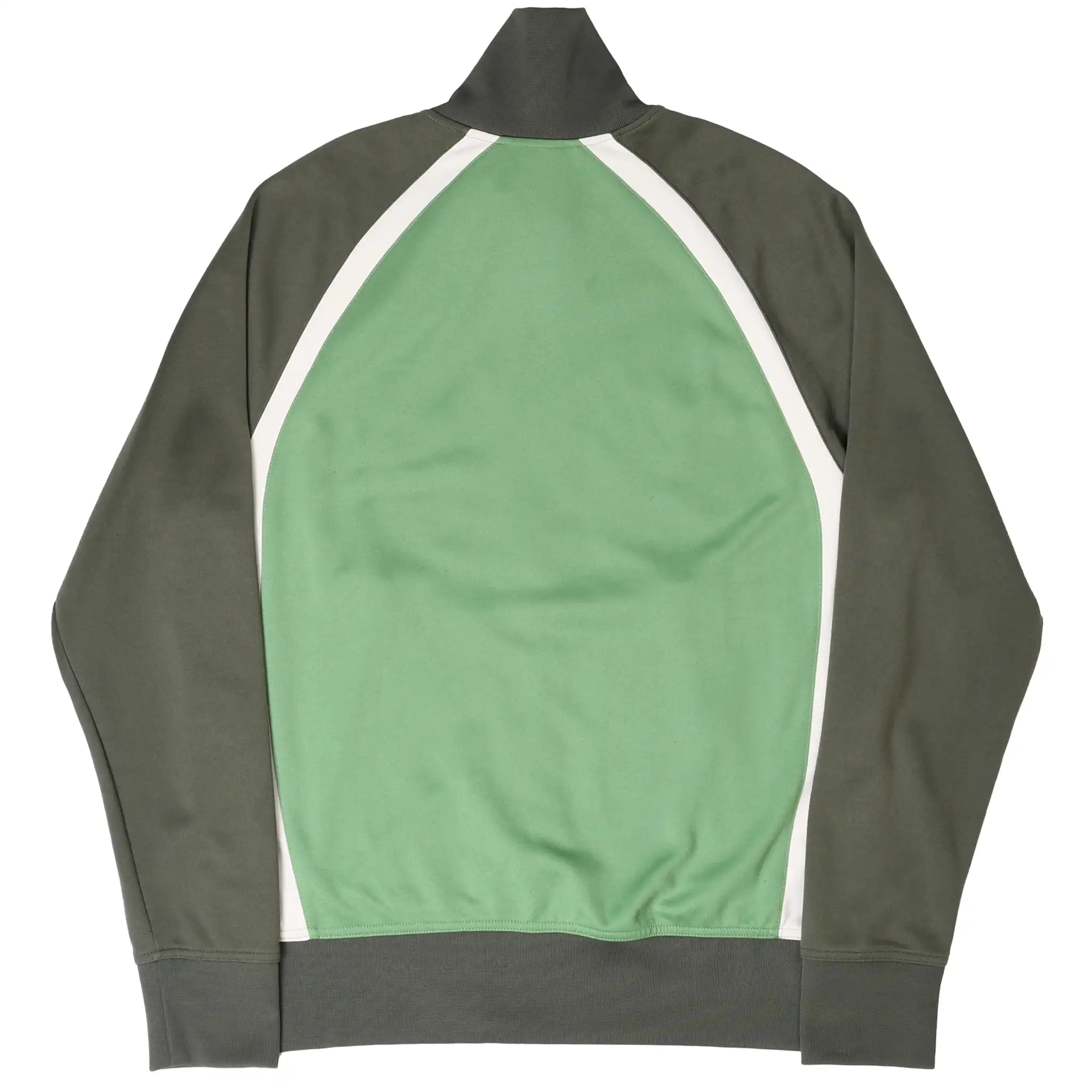Back of green Nike Athletics track jacket with dark gray sleeves and white piping