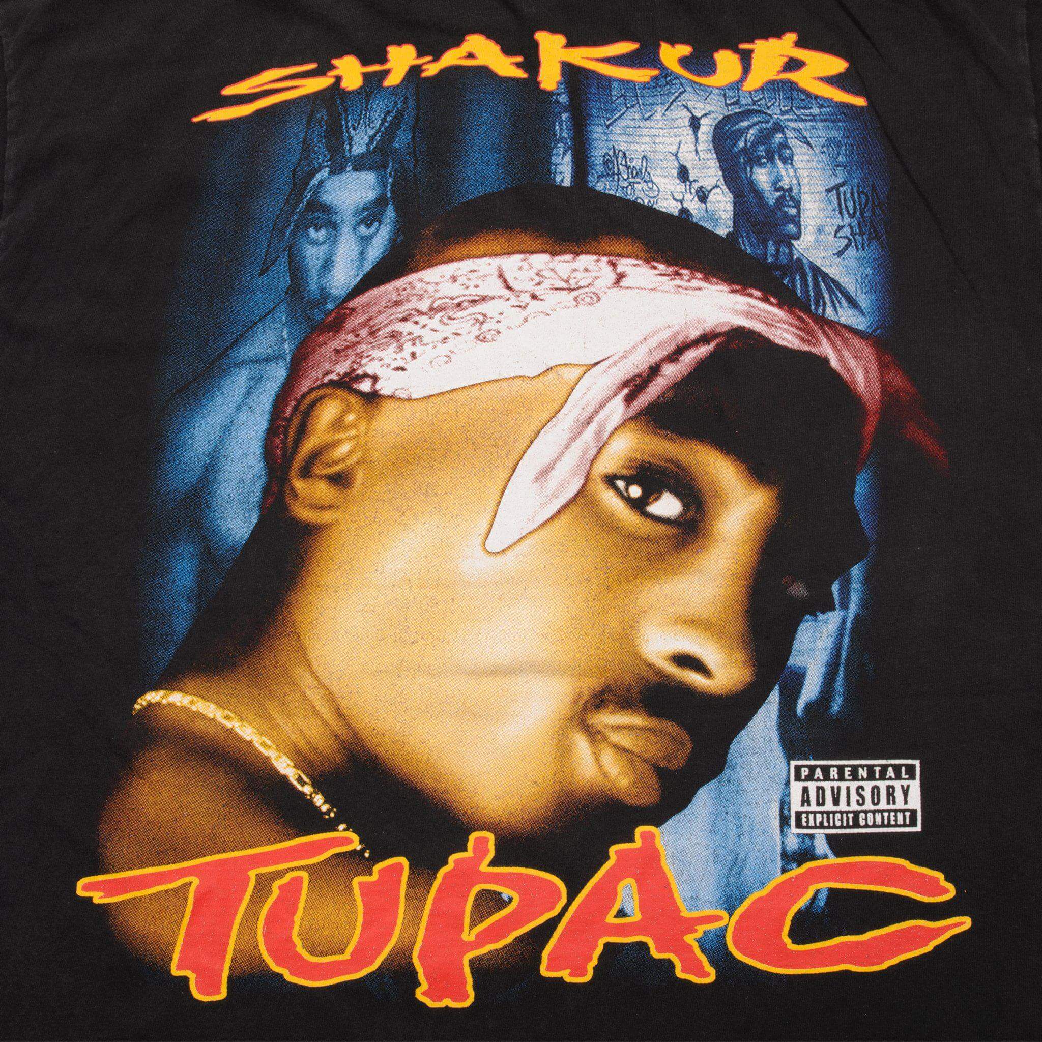 Close-up of back print with Tupac Shakur in a bandana and Parental Advisory label