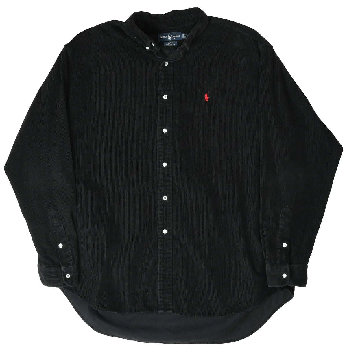 Full front view of black Ralph Lauren corduroy shirt with long sleeves and curved hem