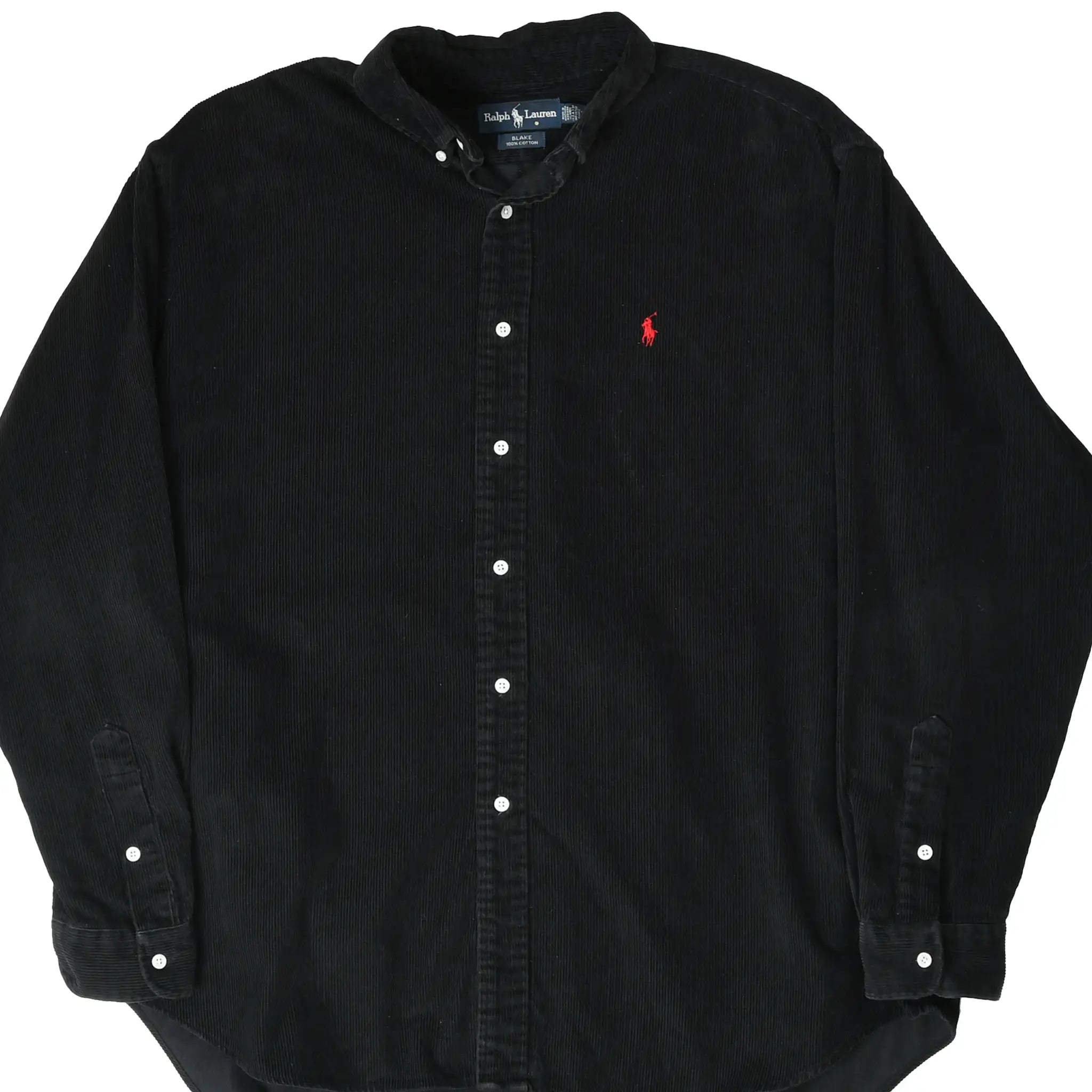 Front of black Ralph Lauren corduroy button-up shirt with red pony embroidery