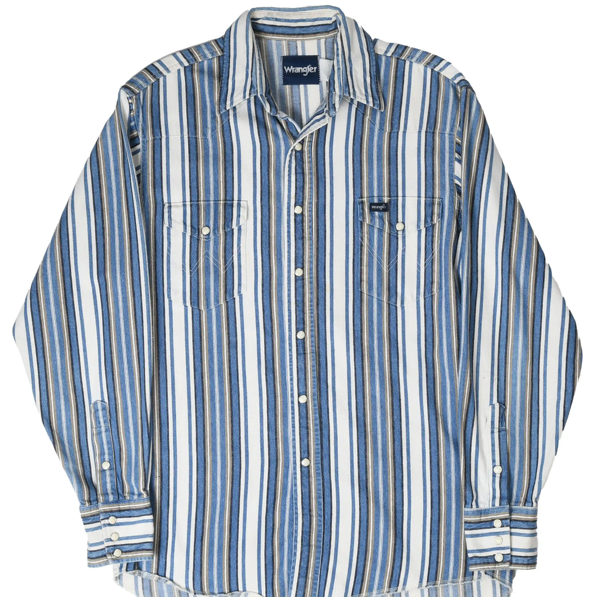 Front of Wrangler blue, white, and tan striped Western shirt with pearl snaps and two chest pockets