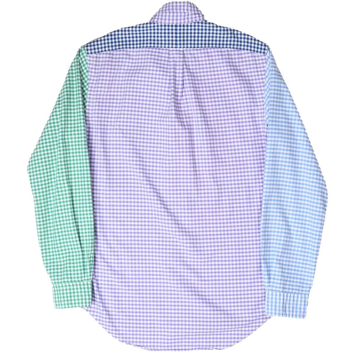Back of Ralph Lauren patchwork gingham shirt with purple body and green and blue sleeves