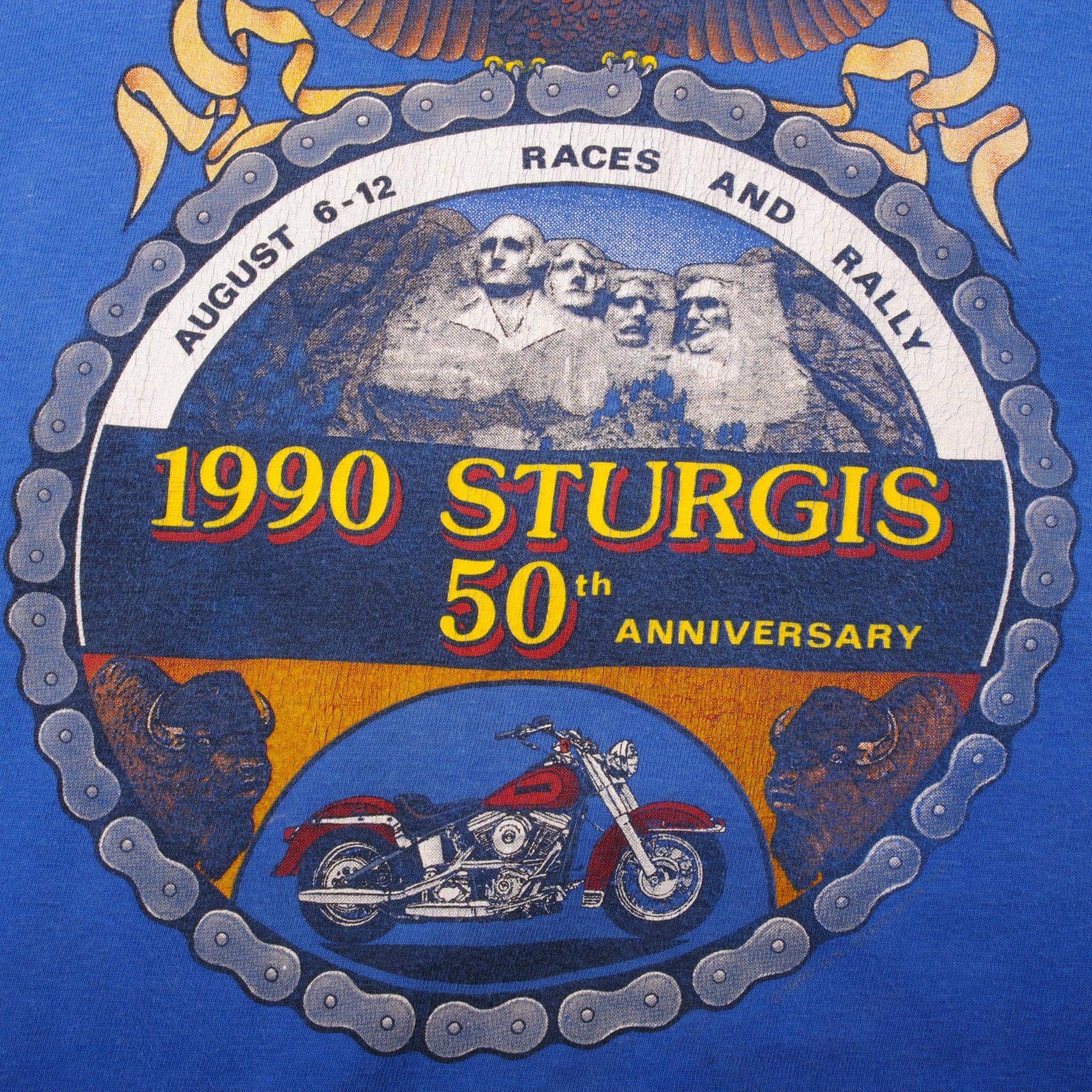 Vintage Blue Harley Davidson 1990 Sturgis 50th Anniversary Downtown Seattle, Washington Tee Shirt 1984 Size L With Single Stitch Made In USA