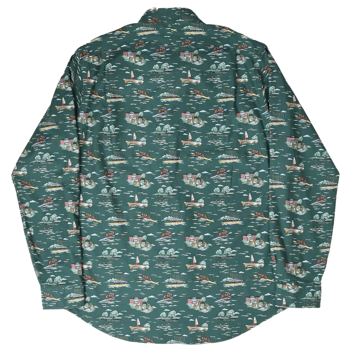 Back of green Polo Ralph Lauren shirt with allover rowing and riverside scenic print