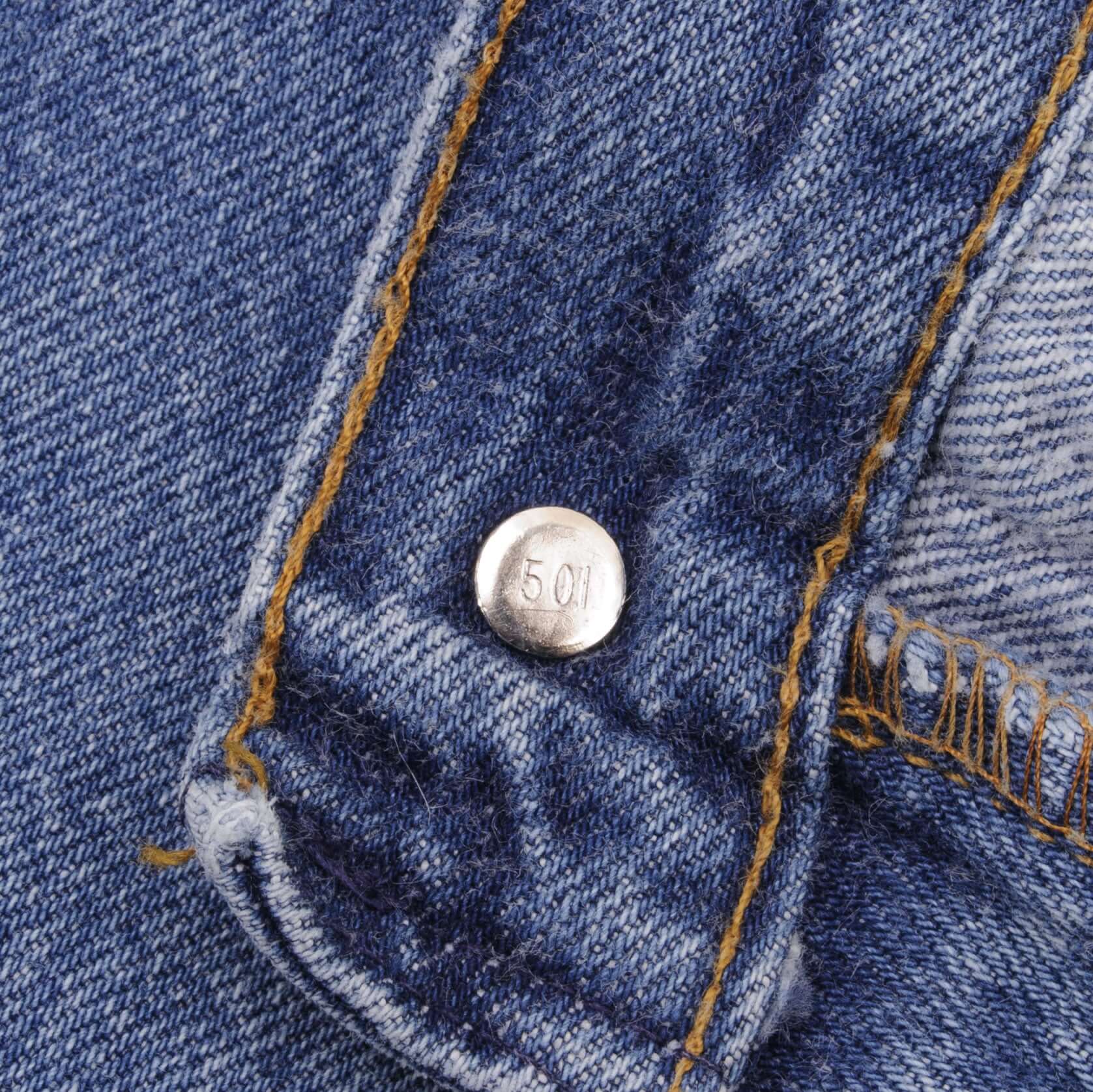 Beautiful Indigo Levis 501 Jeans 1980s Made in USA with Medium Light Wash With Light Whiskers Size on tag 38X36 Actual Size 36X36 Back Button #501