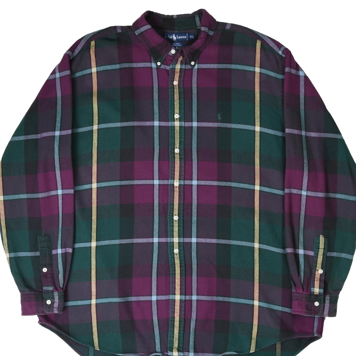 Front of Ralph Lauren button-down shirt in dark green, burgundy, yellow and blue plaid