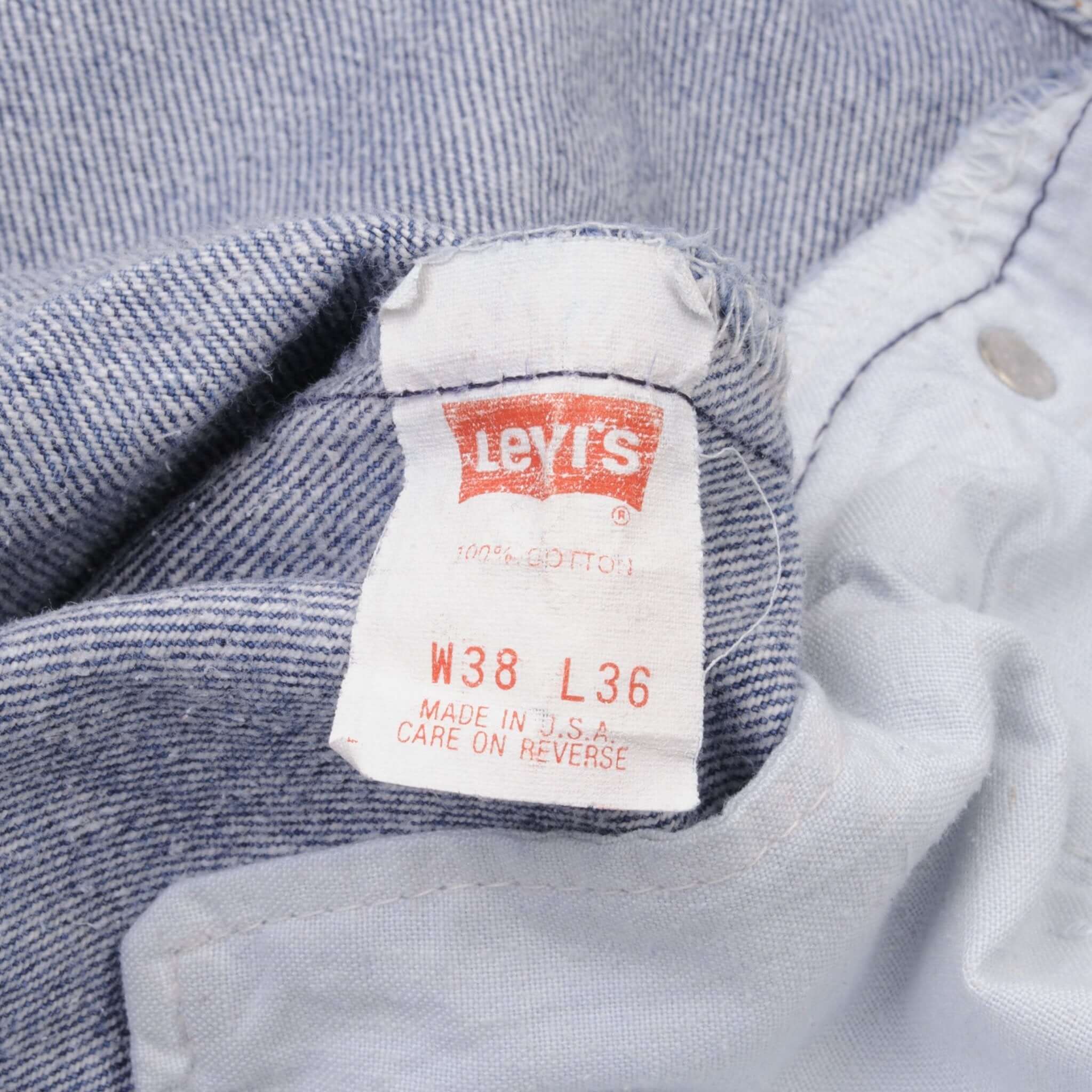 Beautiful Indigo Levis 501 Jeans 1980s Made in USA with Medium Light Wash With Light Whiskers Size on tag 38X36 Actual Size 36X36 Back Button #501