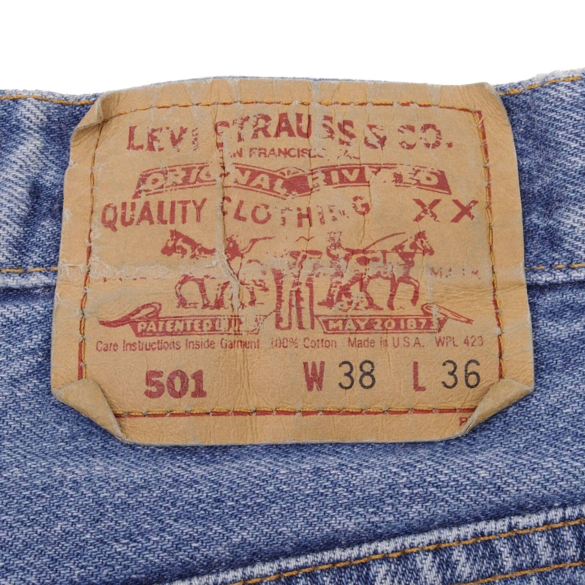 Beautiful Indigo Levis 501 Jeans 1980s Made in USA with Medium Light Wash With Light Whiskers Size on tag 38X36 Actual Size 36X36 Back Button #501
