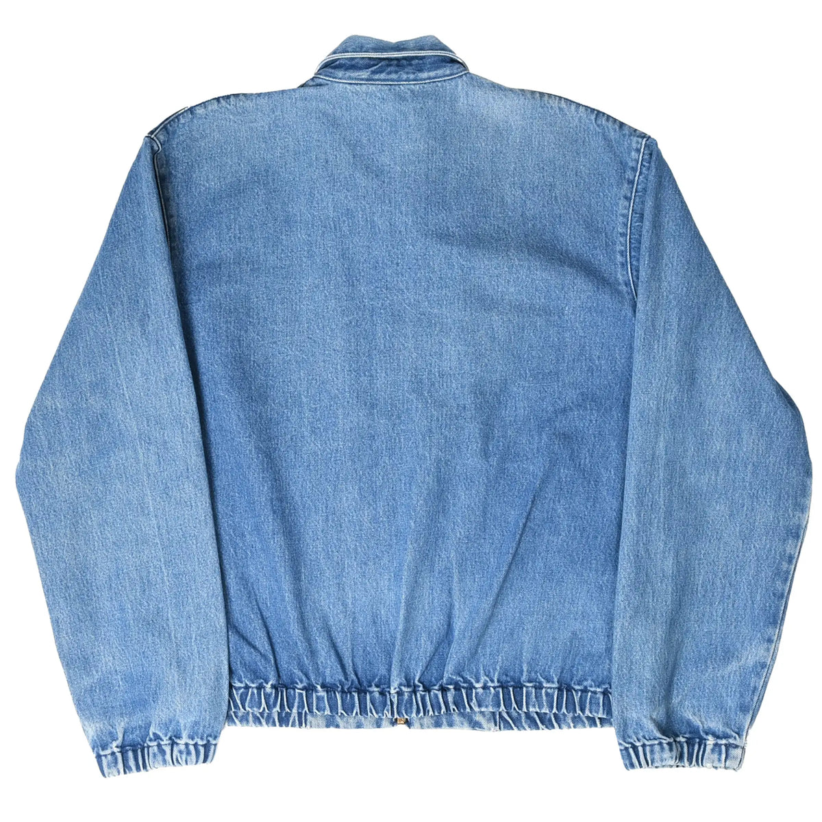Back of blue Polo Ralph Lauren denim Harrington jacket with elasticized hem and cuffs