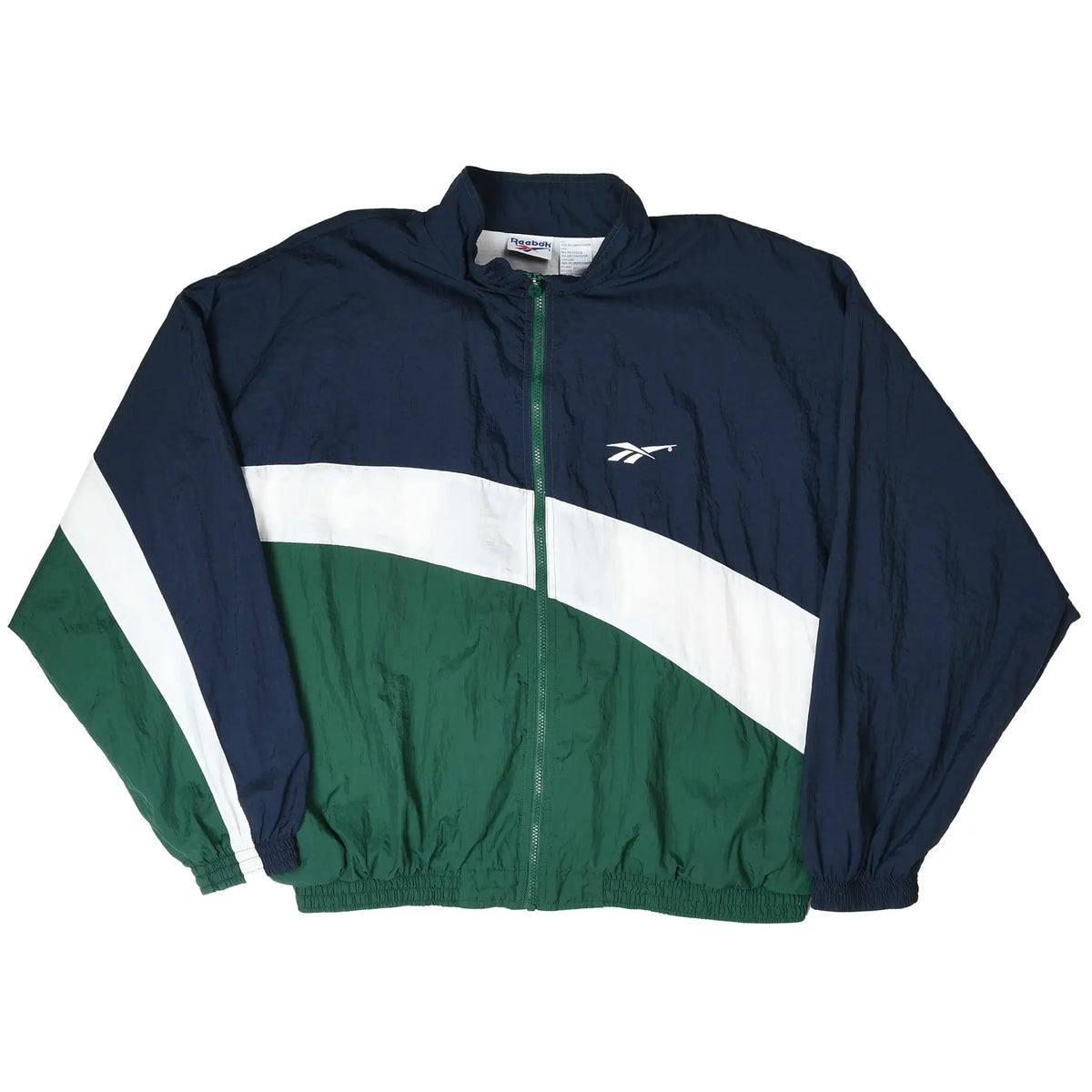 Full front view of navy, white, and green Reebok zip-up windbreaker jacket