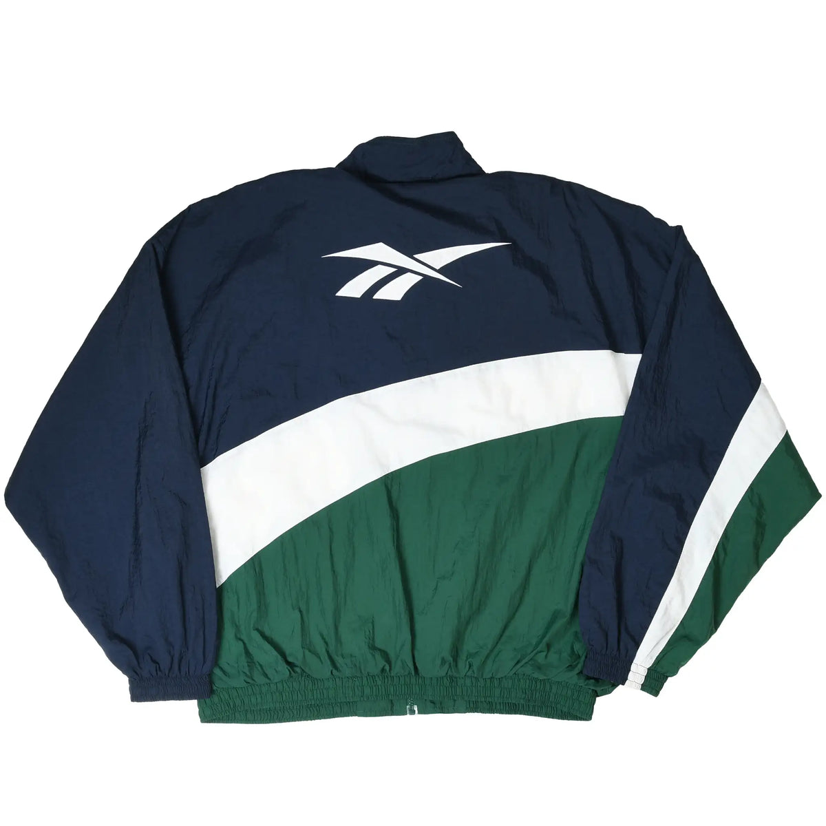Back of navy, white, and green Reebok windbreaker jacket with large white logo