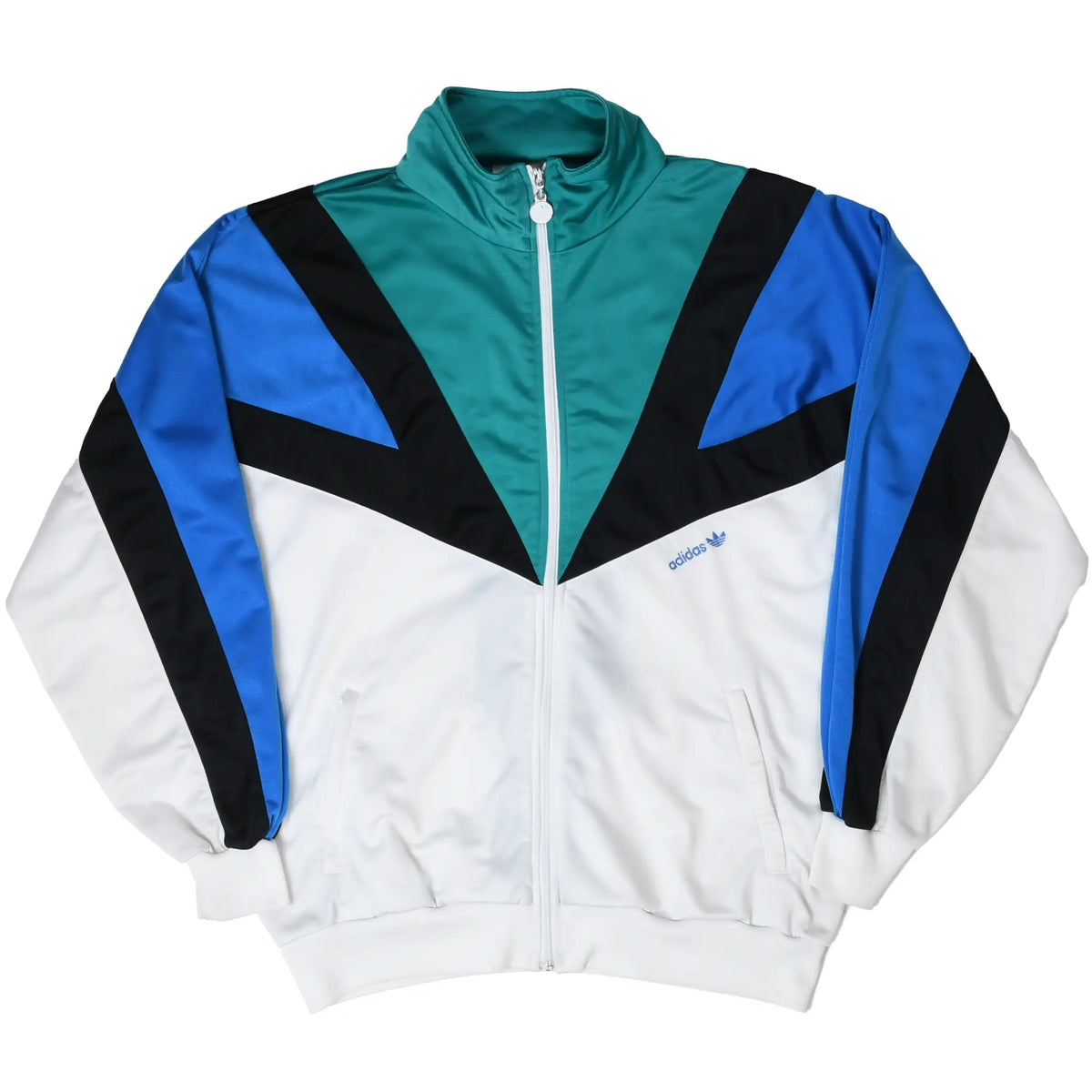 Full front view of Adidas zip-up track jacket in teal, blue, black and white