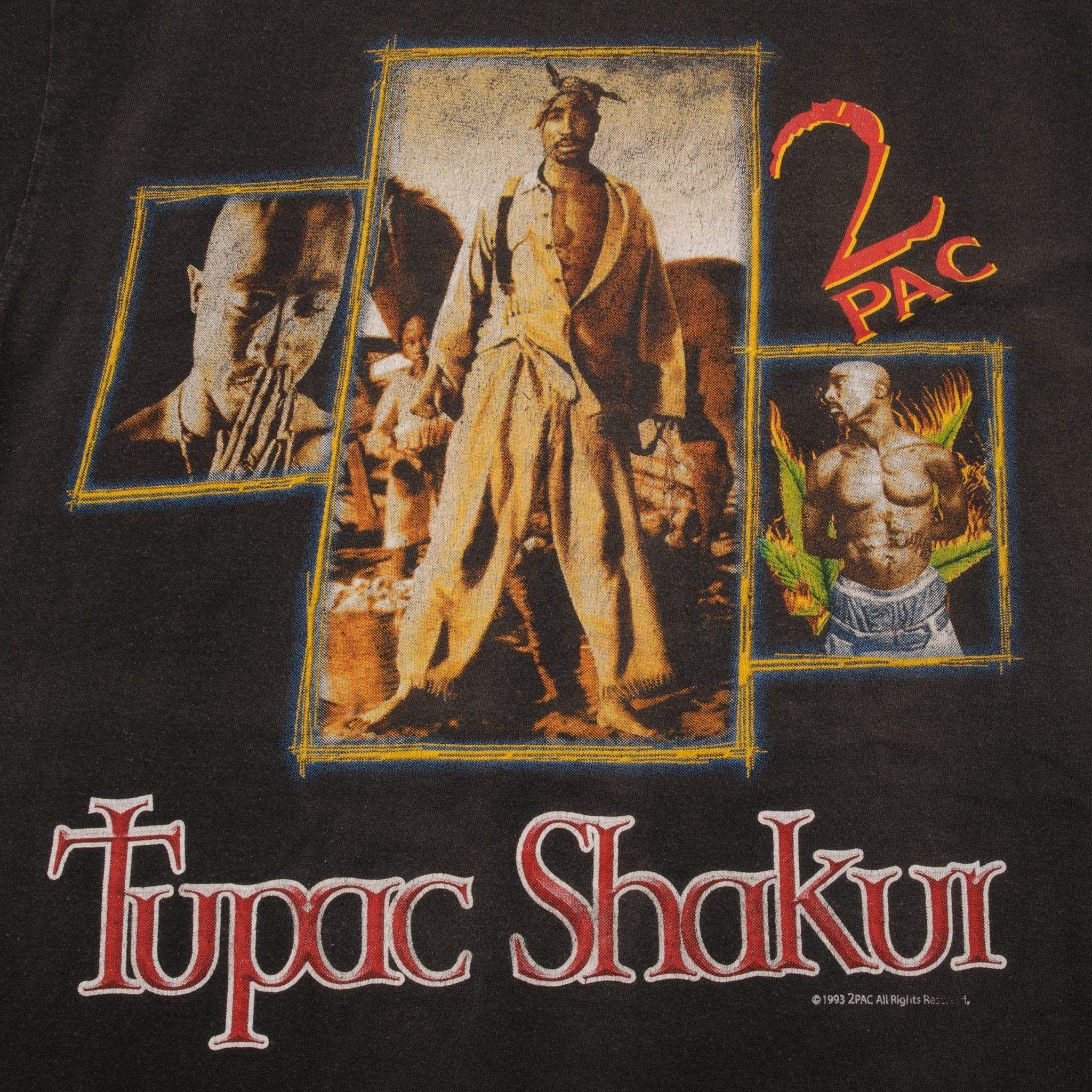 Close-up of Tupac Shakur portrait collage and red-and-white front lettering