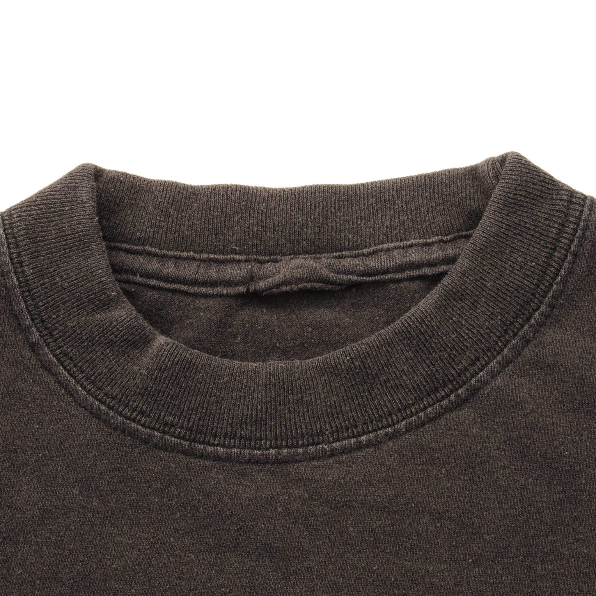 Close-up of black Tupac Shakur T-shirt crew neck and tagless collar