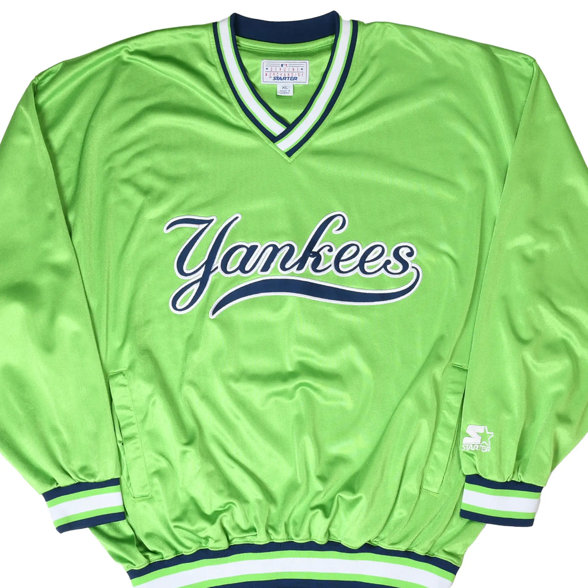 Front of green New York Yankees Starter long-sleeve jersey with navy script logo and striped trim