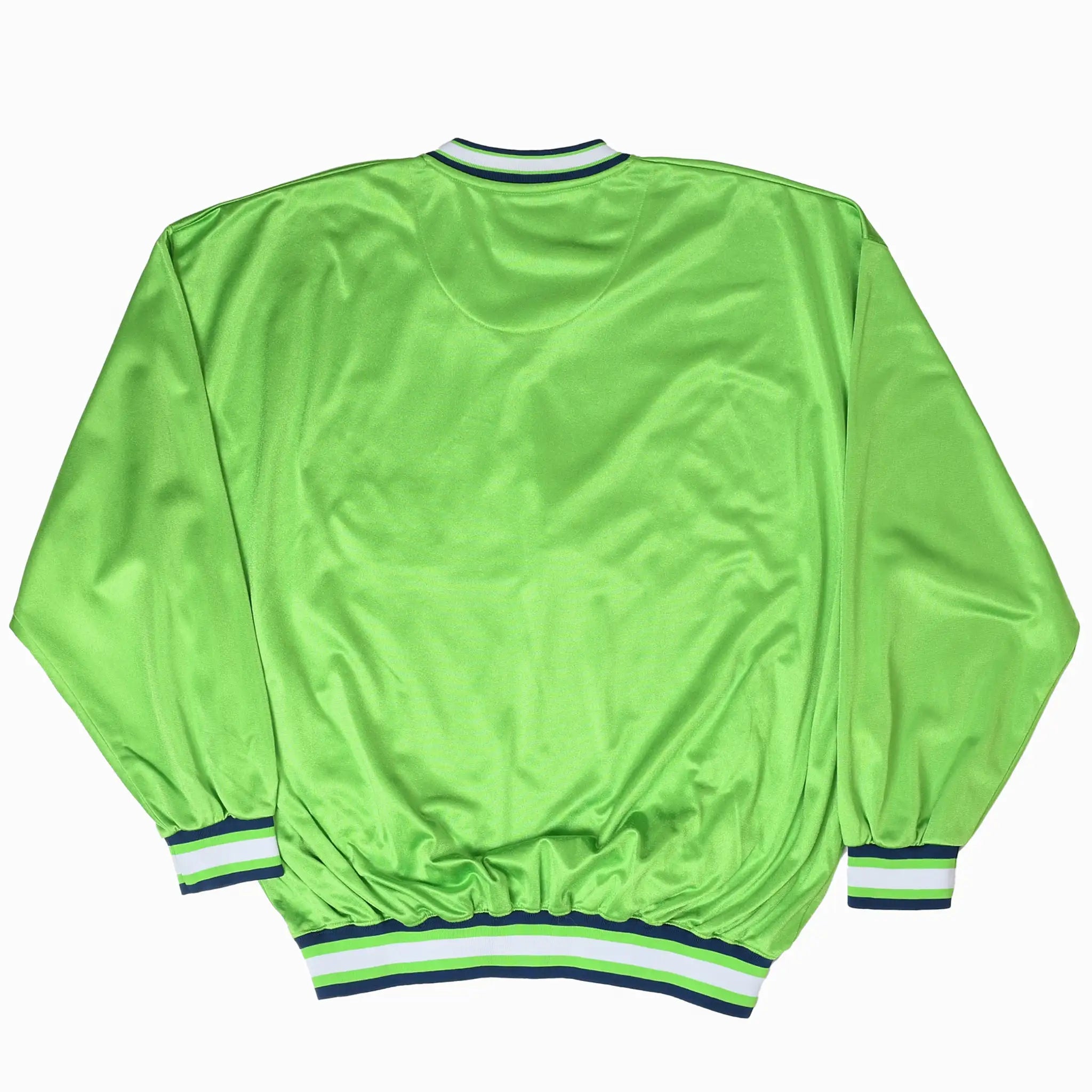 Back of green New York Yankees Starter long-sleeve jersey with navy and white striped trim