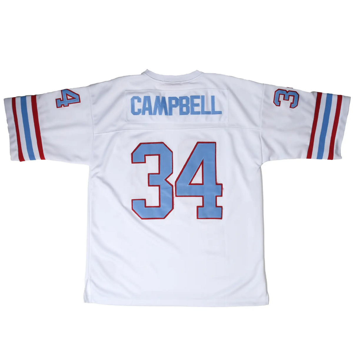 Back of white Houston Oilers jersey with Campbell name, number 34, and striped sleeves