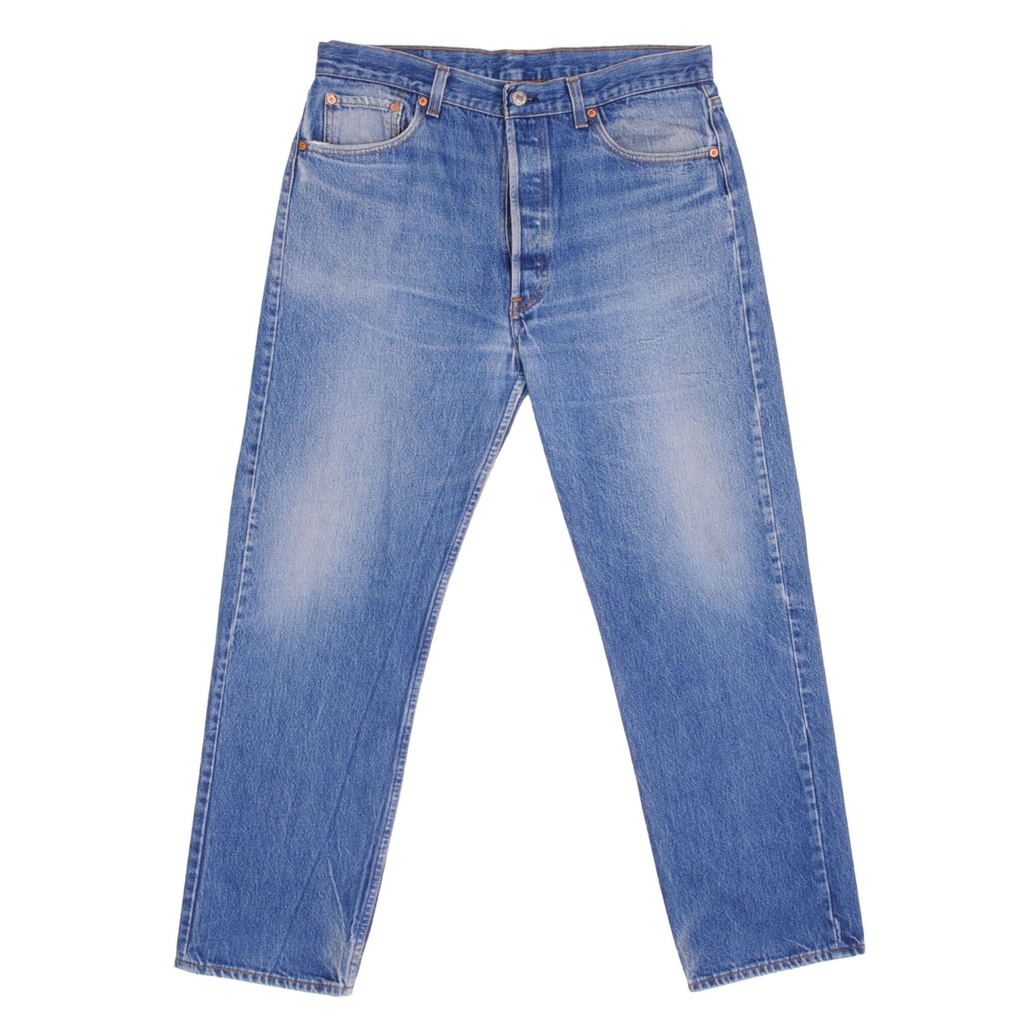 Beautiful Indigo Levis 501 Jeans 1980s Made in USA with Medium Light Wash With Light Whiskers Size on tag 36X30 actual size 36X29 Back Button #653