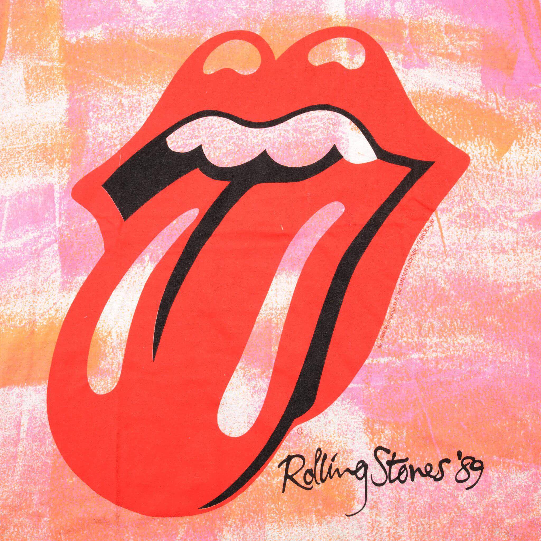 Close-up of Rolling Stones red tongue logo and 1989 signature graphic