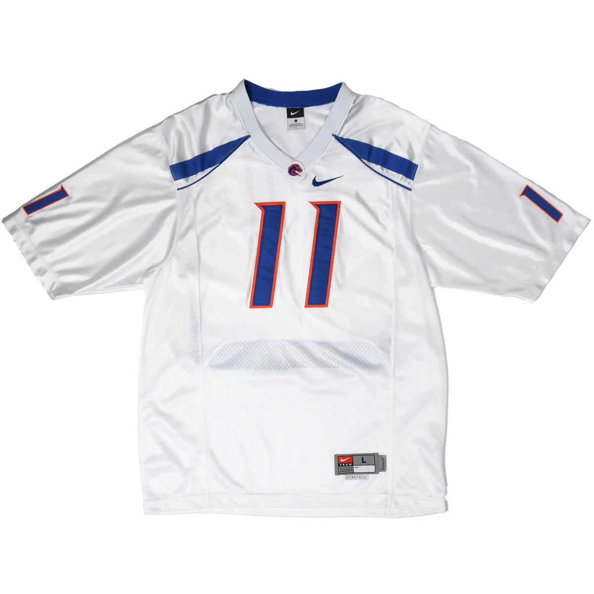 Full front of white Nike Boise State Broncos football jersey with number 11 and short sleeves