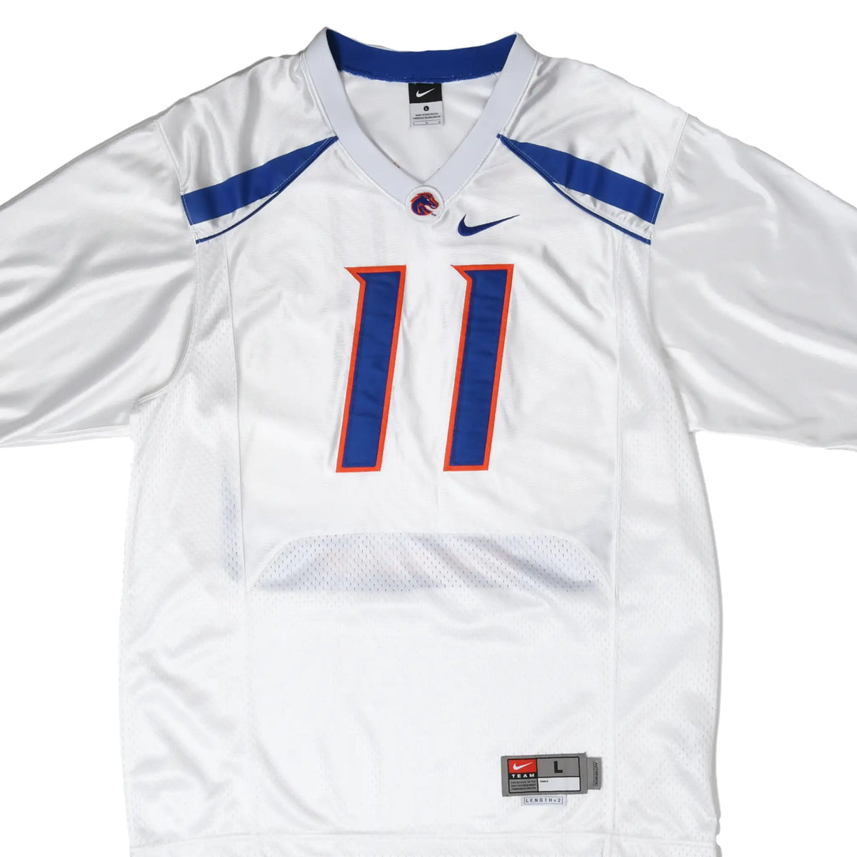 Front of white Nike Boise State Broncos football jersey with blue and orange number 11