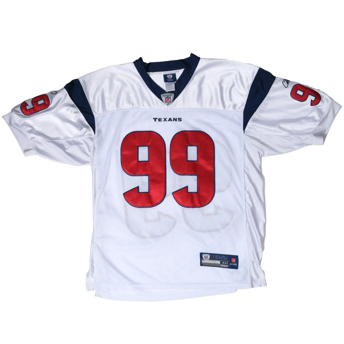 Full front view of white Houston Texans Reebok jersey with red number 99